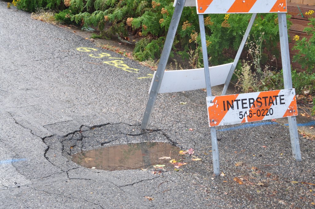 Pothole and Warning Sign